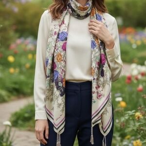 Johnny Was Large Floral Silk Scarf with Braided Tassels - Cream/Multi